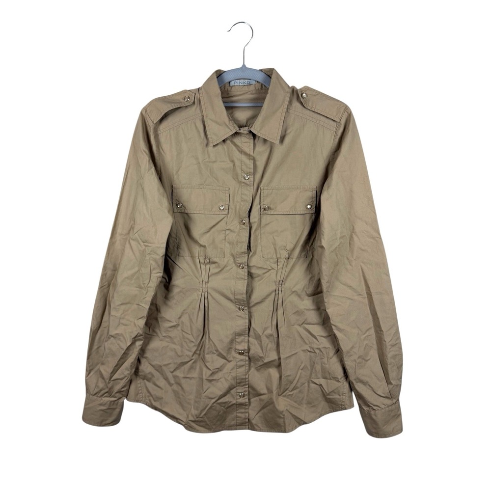 Pinko Women's Sz US 8 Safari Style Shirt Khaki Snap Long Sleeve‎ Casual Chic